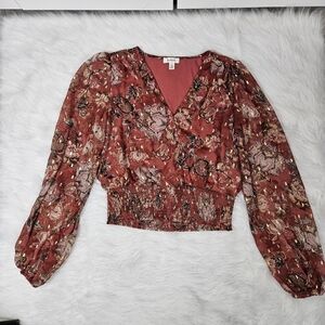 Brown Wrap Blouse with Puff Sleeves